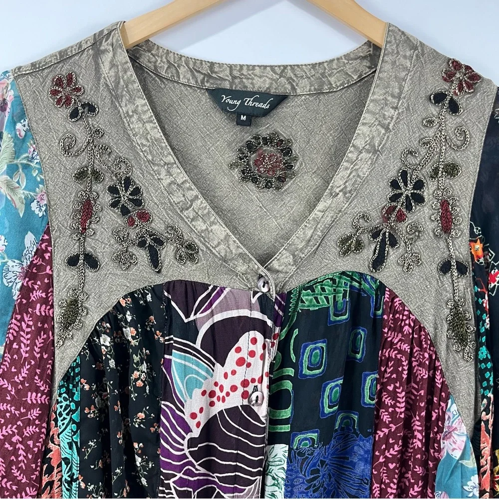 Boho Patchwork Button Down Blouse M | Embroidered Flowy Layering Top - Picture 3 of 11